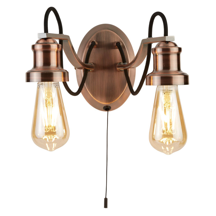 Searchlight Olivia 2Lt Wall Light, Black Braided Fabric Cable, Antique Copper • 1062-2CU