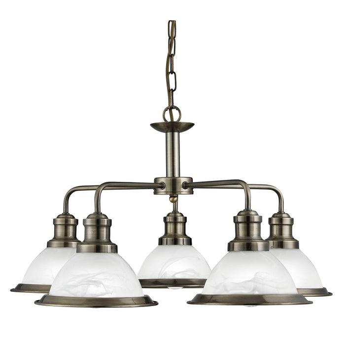Searchlight Bistro - 5Lt Ceiling, Antique Brass, Marble Glass • 1595-5AB
