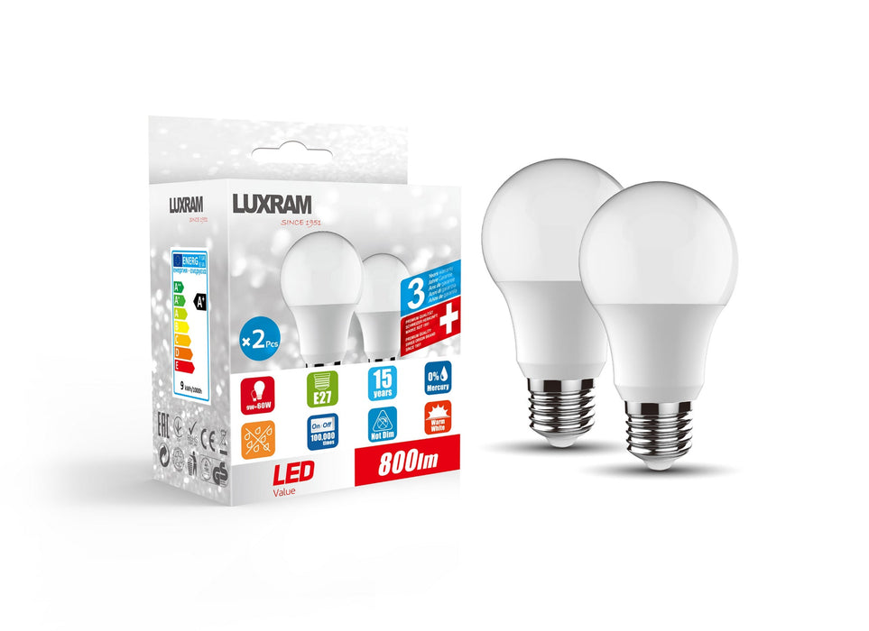 Luxram Duo-pack LED GLS E27 9W 800lm 3000K Warm White Linear Driver 3yrs Warranty • 1910002