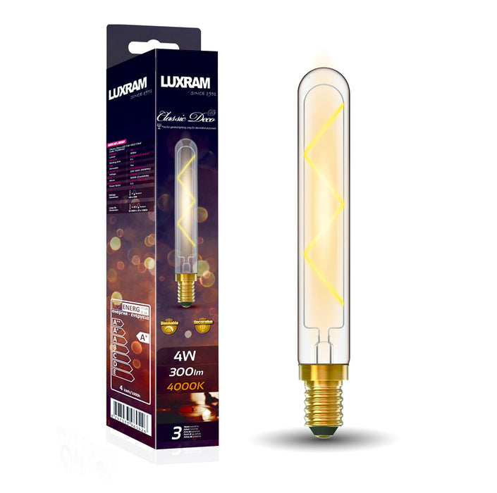 Luxram Classic Deco LED 185mm Tubular E14 Dimmable 4W 4000K Natural White, 300lm, Clear Glass, 3yrs Warranty  • 703396042