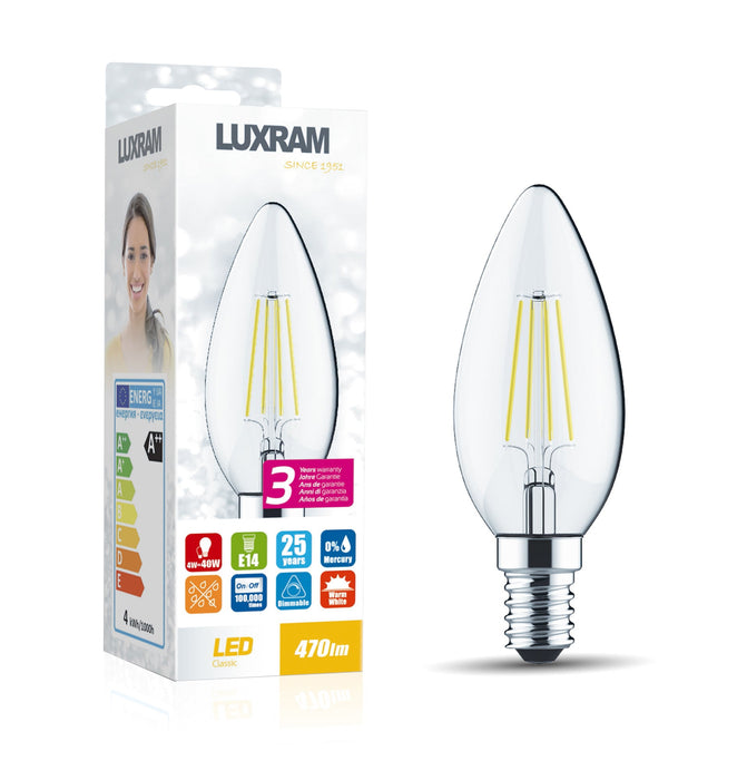 Luxram Value Classic LED Candle E14 Dimmable 4W 3000K Warm White, 470lm, Clear Finish, 3yrs Warranty  • 763411234