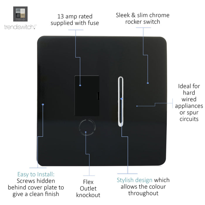 Trendi, Artistic Modern Switch Fused Spur 13A With Flex Outlet Gloss Black Finish, BRITISH MADE, (35mm Back Box Required), 5yrs Warranty • ART-FSBK