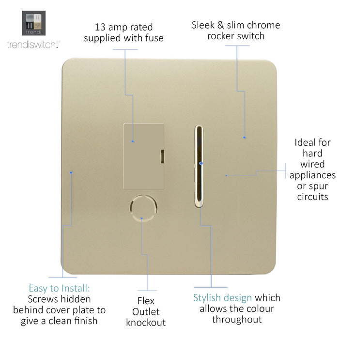 Trendi, Artistic Modern Switch Fused Spur 13A With Flex Outlet Champagne Gold Finish, BRITISH MADE, (35mm Back Box Required), 5yrs Warranty • ART-FSGO