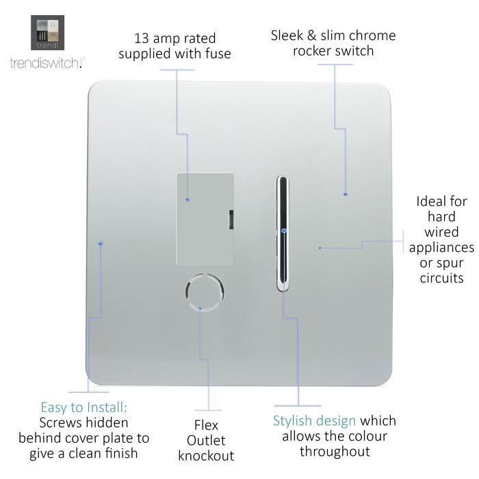 Trendi, Artistic Modern Switch Fused Spur 13A With Flex Outlet Silver Finish, BRITISH MADE, (35mm Back Box Required), 5yrs Warranty • ART-FSSI