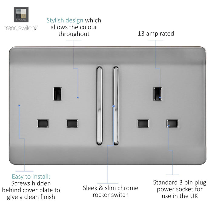 Trendi, Artistic Modern 2 Gang 13Amp Long Switched Double Socket Brushed Steel Finish, BRITISH MADE, (25mm Back Box Required), 5yrs Warranty • ART-SKT213LBS