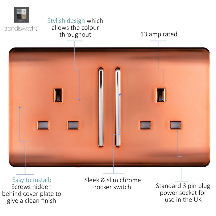 Trendi, Artistic Modern 2 Gang 13Amp Long Switched Double Socket Copper Finish, BRITISH MADE, (25mm Back Box Required), 5yrs Warranty • ART-SKT213LCPR
