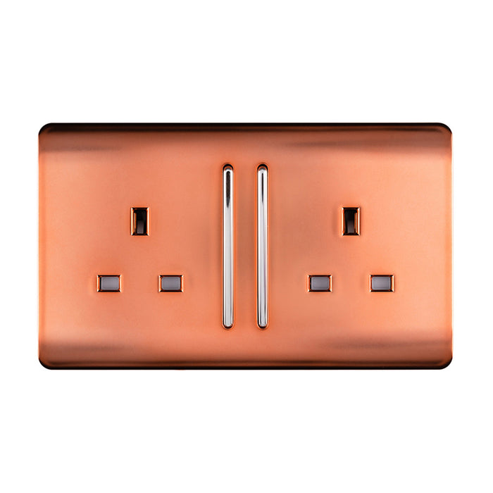 Trendi, Artistic Modern 2 Gang 13Amp Long Switched Double Socket Copper Finish, BRITISH MADE, (25mm Back Box Required), 5yrs Warranty • ART-SKT213LCPR
