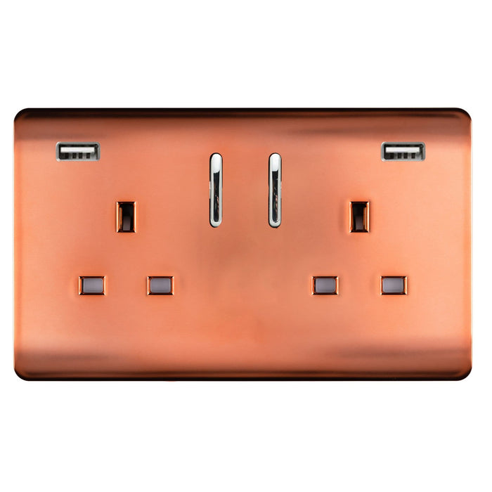 Trendi, Artistic 2 Gang 13Amp Short S/W Double Socket With 2x2.1Mah USB Copper Finish, BRITISH MADE, (35mm Back Box Required), 5yrs Warranty • ART-SKT213USB21AACPR