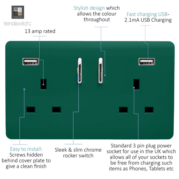 Trendi, Artistic 2 Gang 13Amp Short S/W Double Socket With 2x2.1Mah USB Dark Green Finish, BRITISH MADE, (35mm Back Box Required), 5yrs Warranty • ART-SKT213USB21AADG