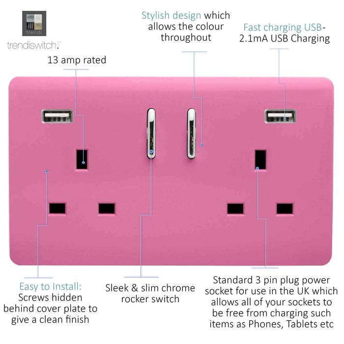 Trendi, Artistic 2 Gang 13Amp Short S/W Double Socket With 2x2.1Mah USB Pink Finish, BRITISH MADE, (35mm Back Box Required), 5yrs Warranty • ART-SKT213USB21AAPK