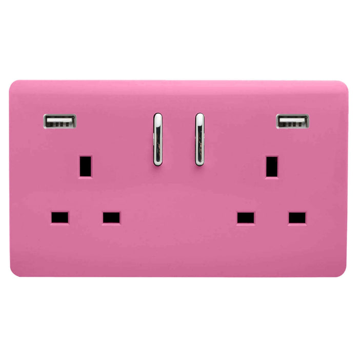 Trendi, Artistic 2 Gang 13Amp Short S/W Double Socket With 2x2.1Mah USB Pink Finish, BRITISH MADE, (35mm Back Box Required), 5yrs Warranty • ART-SKT213USB21AAPK