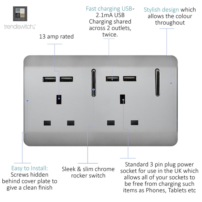 Trendi, Artistic 2 Gang 13Amp Switched Double Socket With 4X 2.1Mah USB Brushed Steel Finish, BRITISH MADE, (45mm Back Box Required), 5yrs Warranty • ART-SKT213USBBS