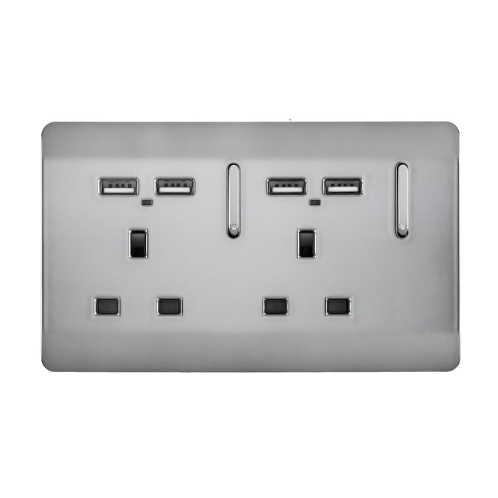 Trendi, Artistic 2 Gang 13Amp Switched Double Socket With 4X 2.1Mah USB Brushed Steel Finish, BRITISH MADE, (45mm Back Box Required), 5yrs Warranty • ART-SKT213USBBS