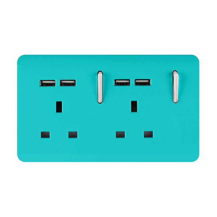 Trendi, Artistic 2 Gang 13Amp Switched Double Socket With 4X 2.1Mah USB Bright Teal Finish, BRITISH MADE, (45mm Back Box Required), 5yrs Warranty • ART-SKT213USBBT