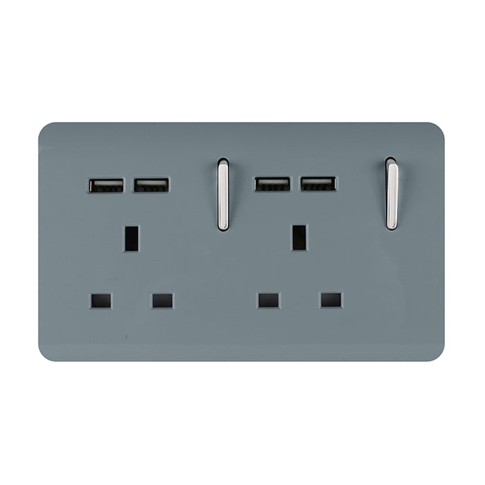 Trendi, Artistic 2 Gang 13Amp Switched Double Socket With 4X 2.1Mah USB Cool Grey Finish, BRITISH MADE, (45mm Back Box Required), 5yrs Warranty • ART-SKT213USBCG