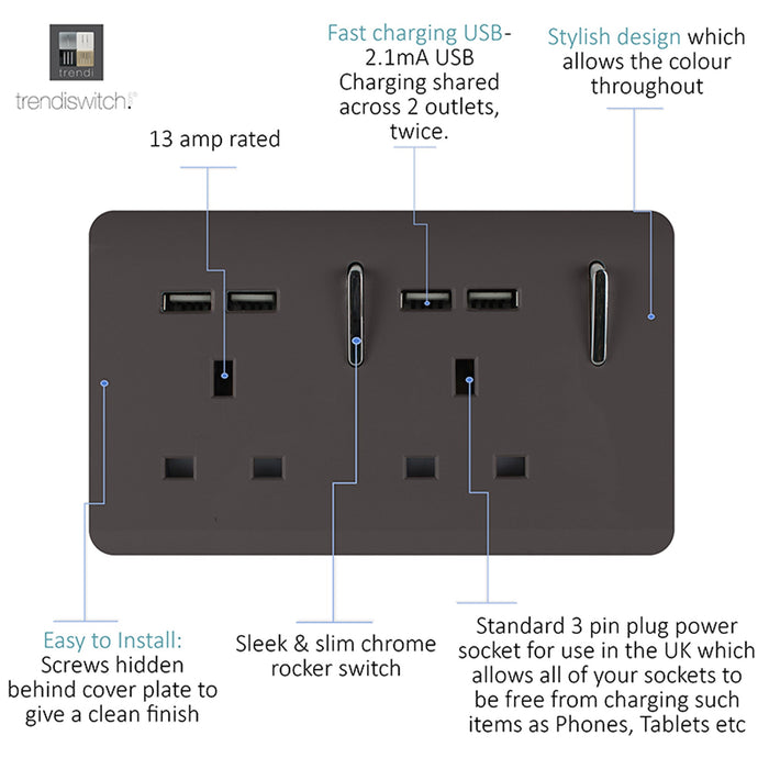 Trendi, Artistic 2 Gang 13Amp Switched Double Socket With 4X 2.1Mah USB Dark Brown Finish, BRITISH MADE, (45mm Back Box Required), 5yrs Warranty • ART-SKT213USBDB
