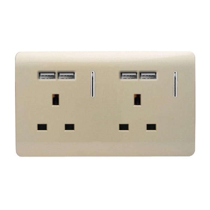Trendi, Artistic Modern 2 Gang 13A Switched Double Socket With 4X 2.1Mah USB Champagne Gold Finish, BRITISH MADE, (45mm Back Box Required) 5yrs Wrnty • ART-SKT213USBGO