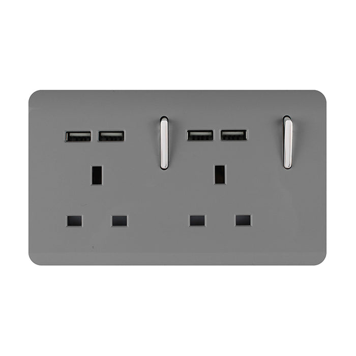 Trendi, Artistic 2 Gang 13Amp Switched Double Socket With 4X 2.1Mah USB Light Grey Finish, BRITISH MADE, (45mm Back Box Required), 5yrs Warranty • ART-SKT213USBLG