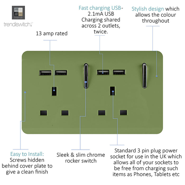 Trendi, Artistic 2 Gang 13Amp Switched Double Socket With 4X 2.1Mah USB Moss Green Finish, BRITISH MADE, (45mm Back Box Required), 5yrs Warranty • ART-SKT213USBMG
