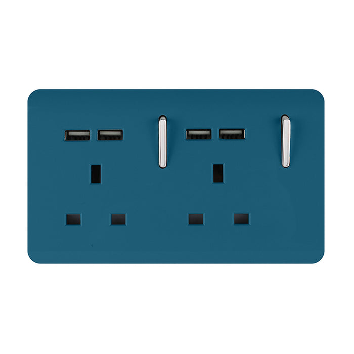 Trendi, Artistic 2 Gang 13Amp Switched Double Socket With 4X 2.1Mah USB Ocean Blue Finish, BRITISH MADE, (45mm Back Box Required), 5yrs Warranty • ART-SKT213USBOB