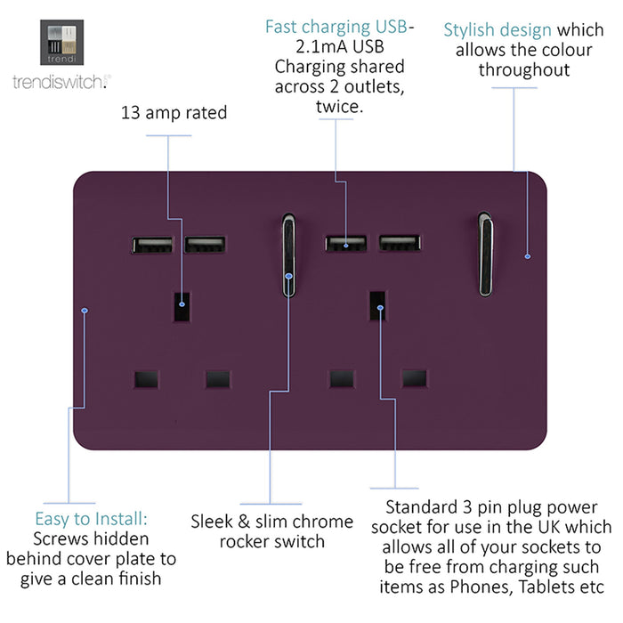 Trendi, Artistic 2 Gang 13Amp Switched Double Socket With 4X 2.1Mah USB Plum Finish, BRITISH MADE, (45mm Back Box Required), 5yrs Warranty • ART-SKT213USBPL