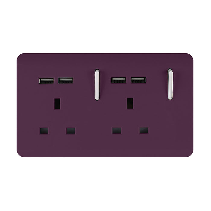 Trendi, Artistic 2 Gang 13Amp Switched Double Socket With 4X 2.1Mah USB Plum Finish, BRITISH MADE, (45mm Back Box Required), 5yrs Warranty • ART-SKT213USBPL
