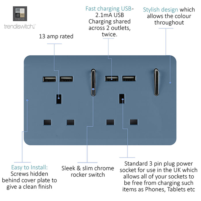 Trendi, Artistic 2 Gang 13Amp Switched Double Socket With 4X 2.1Mah USB Sky Finish, BRITISH MADE, (45mm Back Box Required), 5yrs Warranty • ART-SKT213USBSK