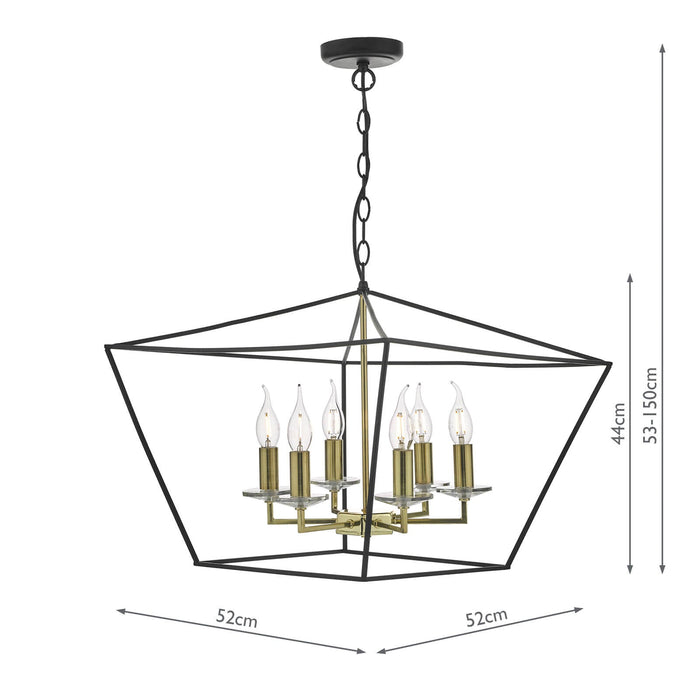 Dar Lighting Gretchen Cage 6 Light Pendant Matt Black & Polished Brass • GRE0654