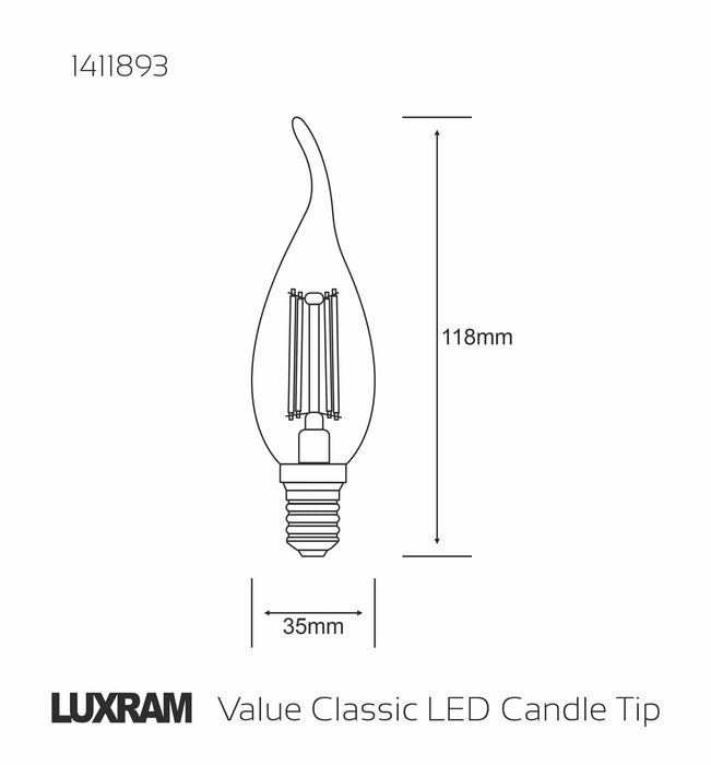 Luxram Value Classic LED Candle Tip E14 Dimmable 5.5W 4000K Natural White, 600lm, Clear Finish, 3yrs Warranty  • 1411893
