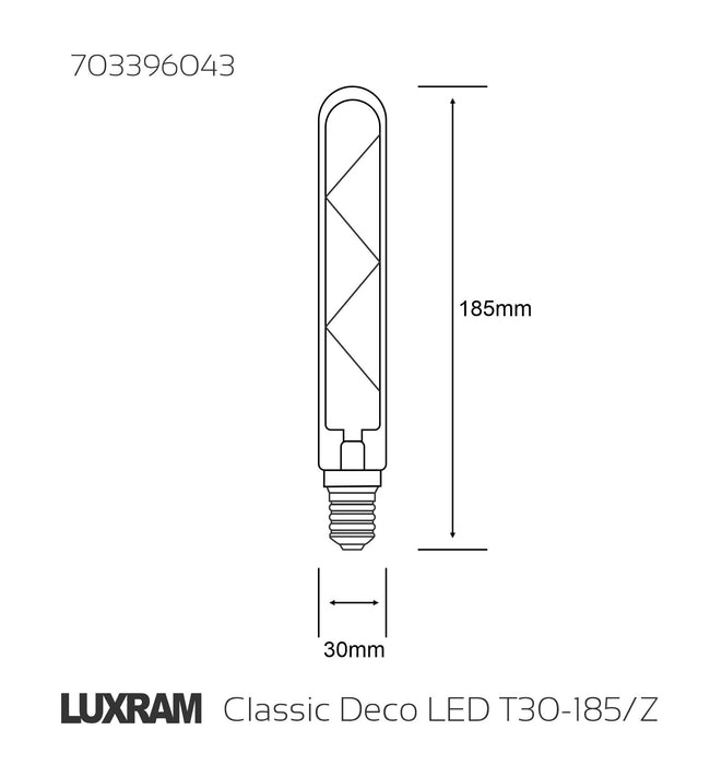 Luxram Classic Deco LED 185mm Tubular E14 Dimmable 4W 2700K Warm White, 300lm, Clear Glass, 3yrs Warranty  • 703396043