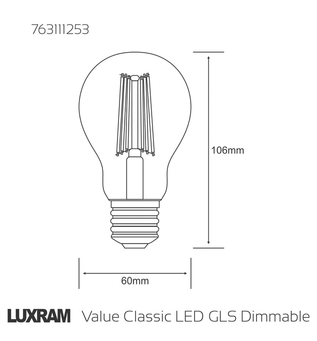 Luxram Value Classic LED GLS E27 Dimmable 6.5W Warm White 2700K, 806lm, Clear Finish • 763111253