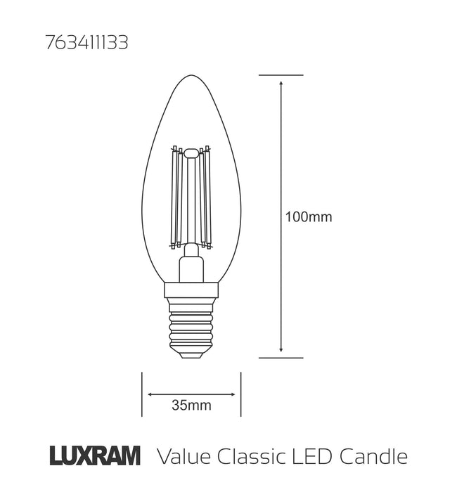 Luxram Value Classic LED Candle E14 4W 2700K Warm White, 470lm, Clear Finish • 763411133