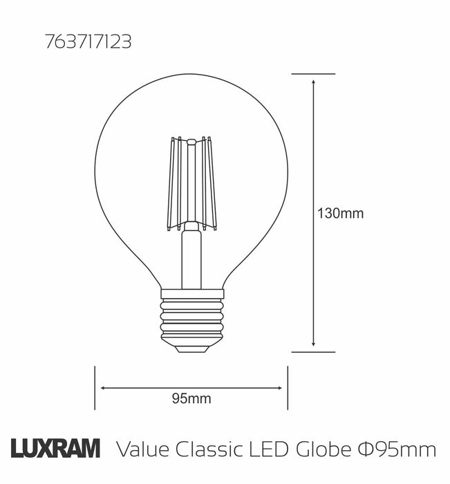 Luxram Value Classic LED Globe 95mm E27 4W Warm White 2700K, 470lm, Clear Finish • 763717123