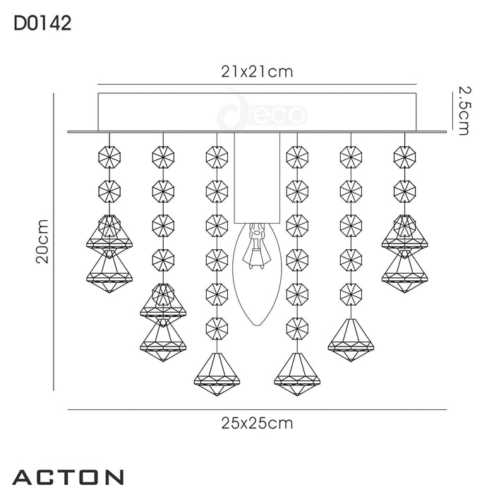Deco Acton Flush Ceiling 1 Light E14, 250mm Square, Polished Chrome/Prism Crystal • D0142
