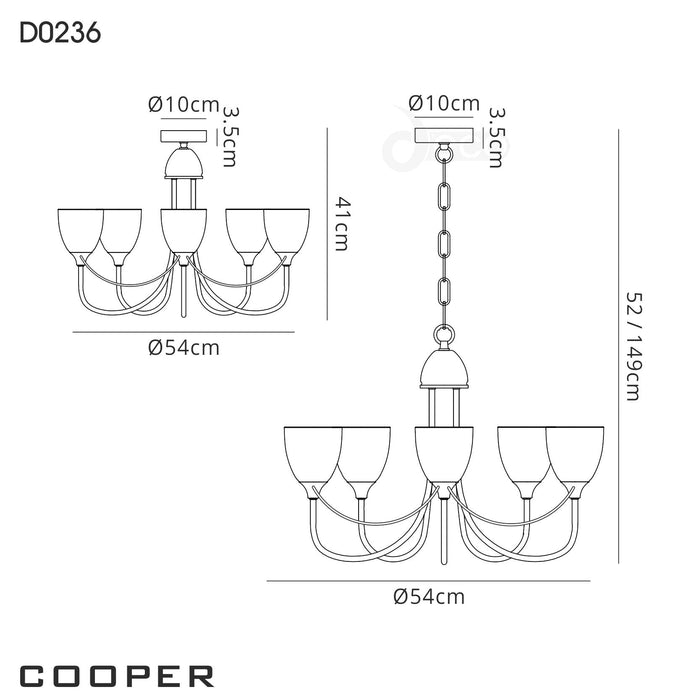 Deco Cooper Ceiling 5 Light Pendant/Semi Flush Convertible E14 Satin Nickel/Opal Glass • D0236