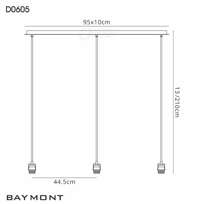 Deco Baymont Satin Nickel 3 Light E27 Universal 2m Linear Pendant, Suitable For A Vast Selection Of Shades • D0605