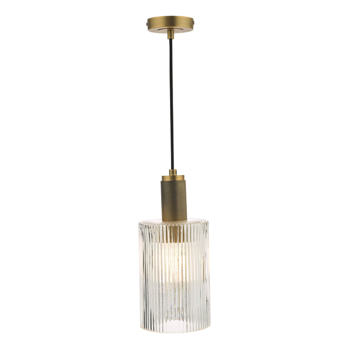 Dar Lighting Nikolas Pendant Natural Solid Brass Ribbed Cylinder Glass • NIK0140-E01