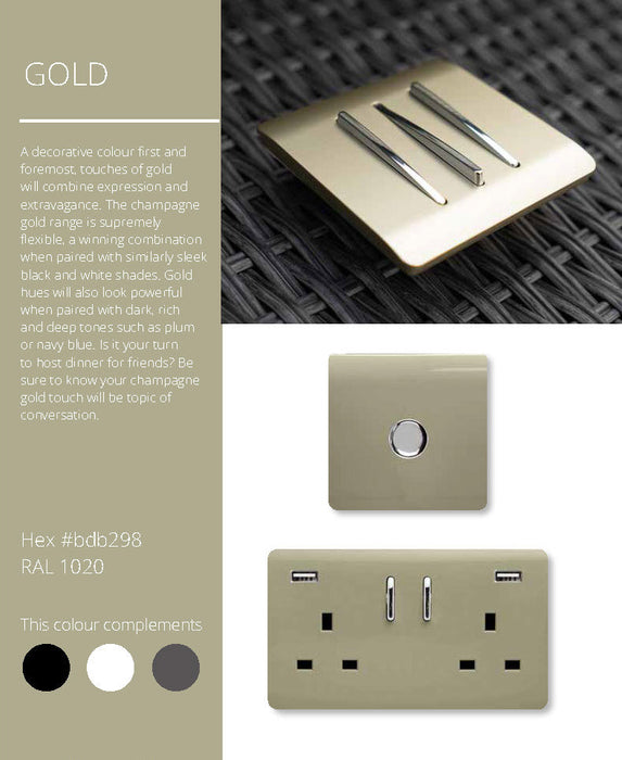 Trendi, Artistic Modern 1 Gang 1 Way LED Dimmer Switch 5-150W LED / 120W Tungsten, Gold/Chrome Finish, (35mm Back Box Required), 5yrs Warranty • ART-LDMGO