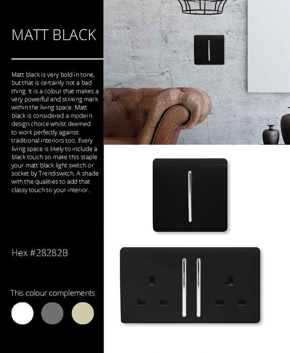 Trendi, Artistic Modern 2 Gang 13Amp Long Switched Double Socket Matt Black Finish, BRITISH MADE, (25mm Back Box Required), 5yrs Warranty • ART-SKT213LMBK