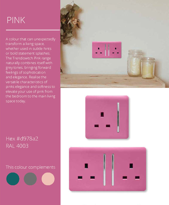 Trendi, Artistic 2 Gang 13Amp Switched Double Socket With 4X 2.1Mah USB Pink Finish, BRITISH MADE, (45mm Back Box Required), 5yrs Warranty • ART-SKT213USBPK