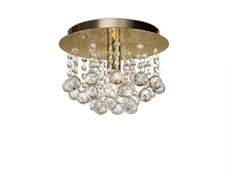 Deco Acton Flush Ceiling 1 Light E14, 250mm Round, Antique Brass/Sphere Crystal • D0185
