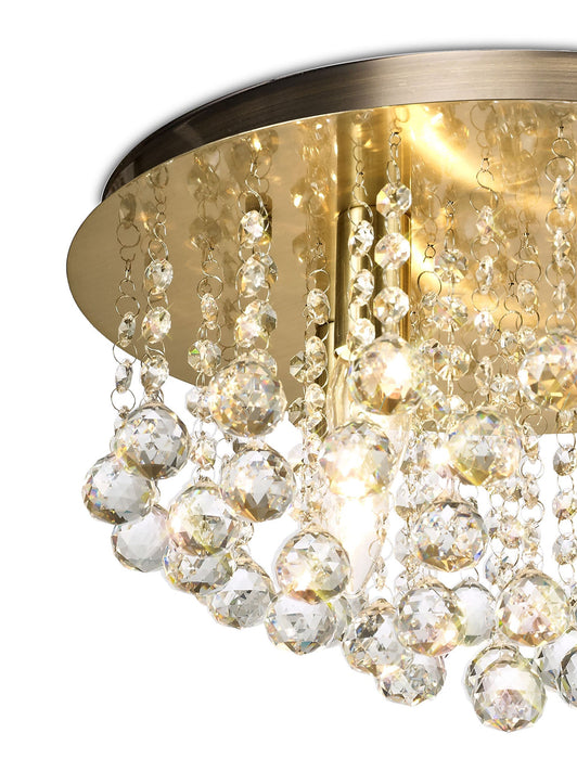 Deco Acton Flush Ceiling 4 Light E14, 380mm Round, Antique Brass/Sphere Crystal • D0187