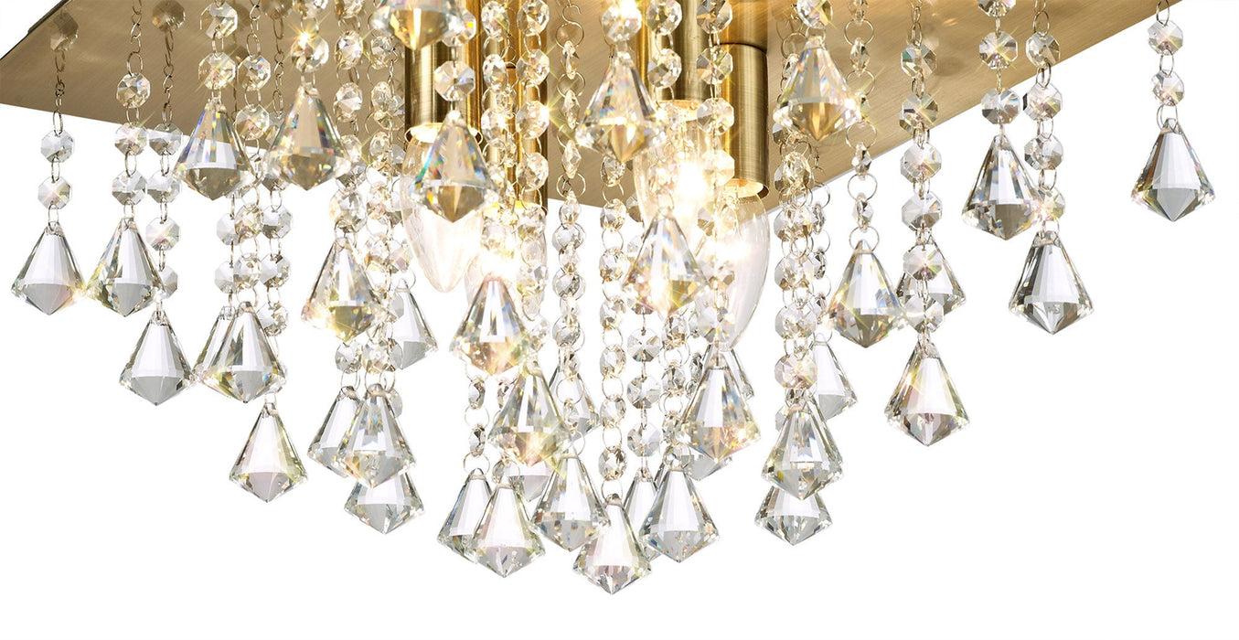 Deco Acton Flush Ceiling 4 Light E14, 380mm Square, Antique Brass/Prism Crystal • D0188