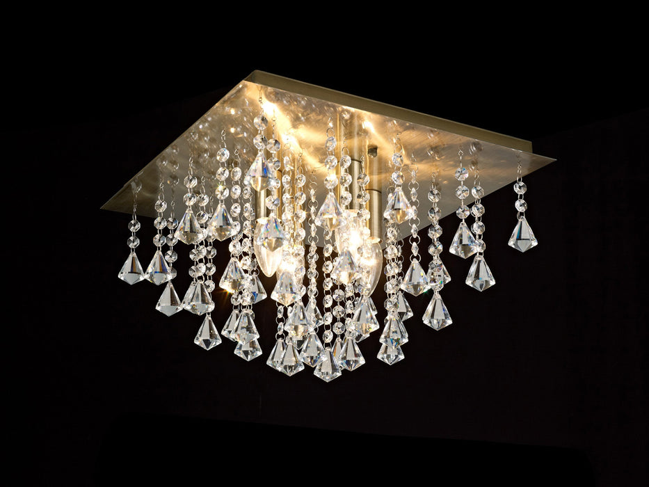 Deco Acton Flush Ceiling 4 Light E14, 380mm Square, Antique Brass/Prism Crystal • D0188
