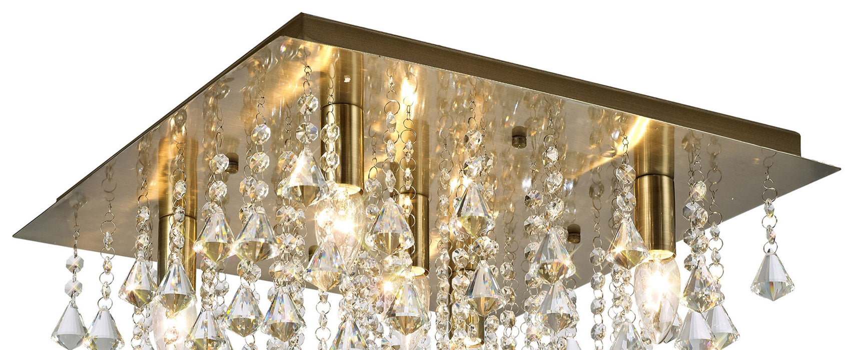 Deco Acton Flush Ceiling 5 Light E14, 460mm Square, Antique Brass/Prism Crystal • D0190