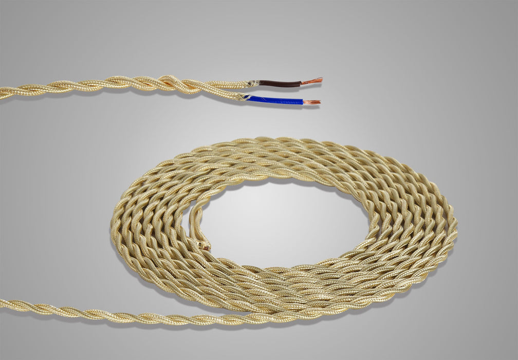 Deco Cavo 1m Pale Gold Braided Twisted 2 Core 0.75mm Cable VDE Approved (qty ordered will be supplied as one continuous length) • D0245