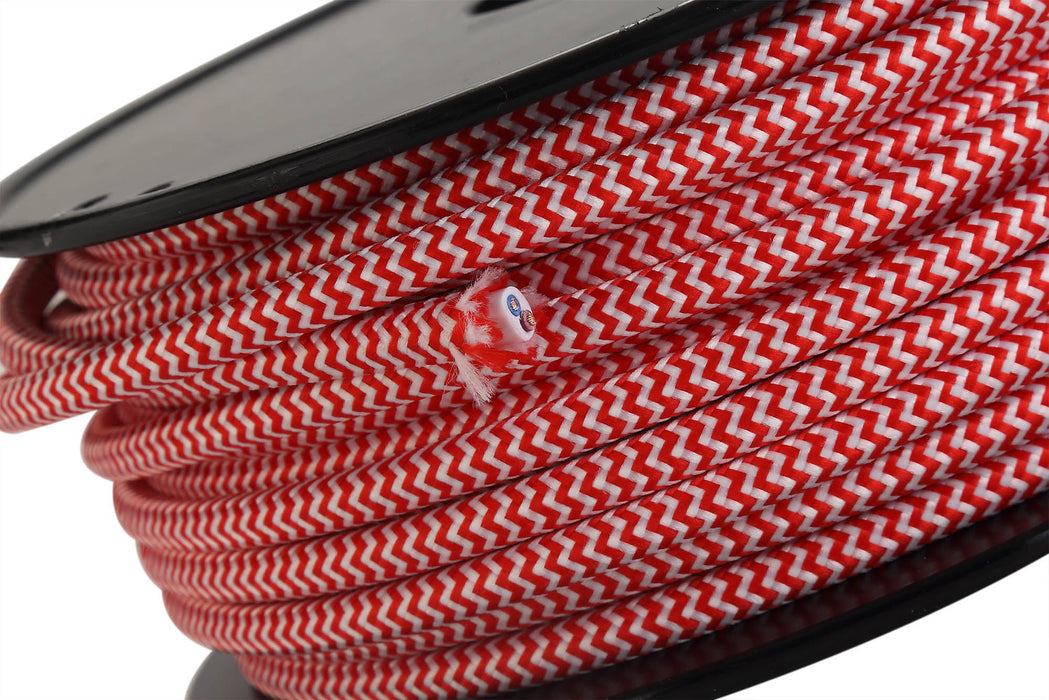 Deco Cavo 1m Red & White Wave Stripes Braided 2 Core 0.75mm Cable VDE Approved (qty ordered will be supplied as one continuous length) • D0532