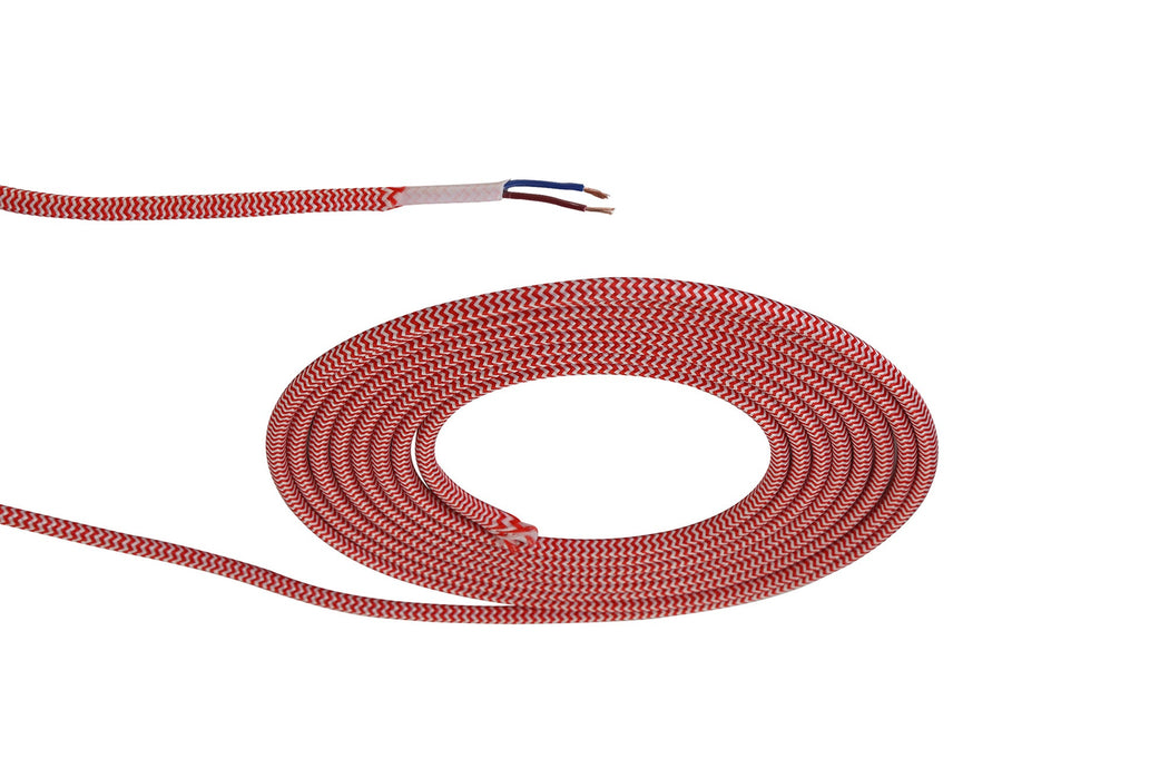 Deco Cavo 1m Red & White Wave Stripes Braided 2 Core 0.75mm Cable VDE Approved (qty ordered will be supplied as one continuous length) • D0532