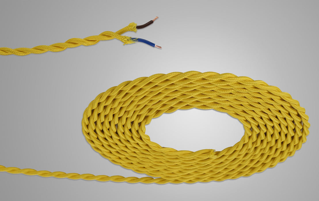 Deco Cavo 1m Yellow Braided Twisted 2 Core 0.75mm Cable VDE Approved (qty ordered will be supplied as one continuous length) • D0539