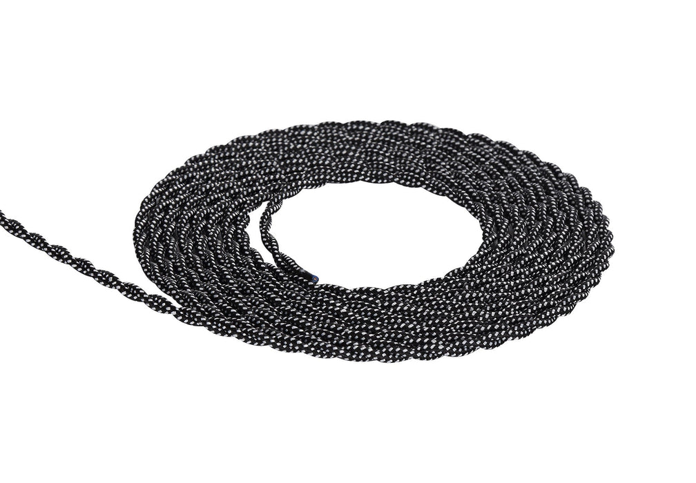 Deco Cavo 1m Black & White Spot Braided Twisted 2 Core 0.75mm Cable VDE Approved (qty ordered will be supplied as one continuous length) • D0542